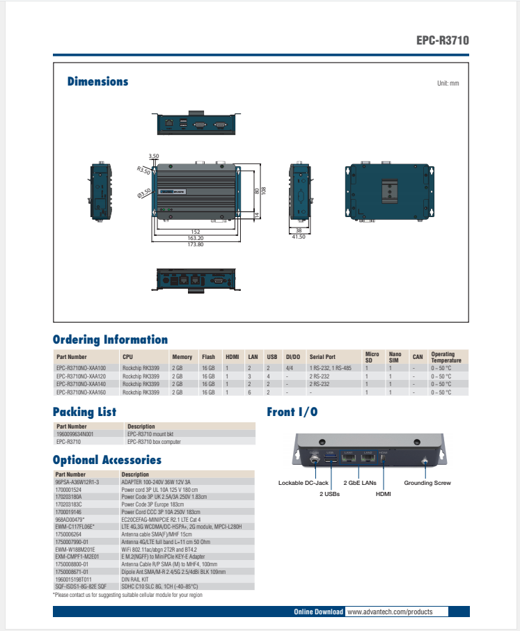 研華EPC-R3710 Rockchip RK3399 Cortex-A72 UIO40-Express Edge AI 工控整機(jī)， 4K display， 2xLan，