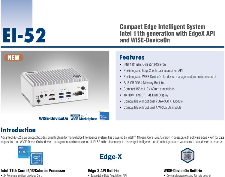 研華EI-52 研華EI-52，邊緣計算系統(tǒng)，支持 Intel 11th gen CPU，可選 Core i5 /i3 /Celeron 處理器，具備豐富擴展接口 2 x LAN，2 x COM，6 x USB等，內(nèi)部可以通過 miniPCIe 或 M.2 擴展AI加速卡實現(xiàn)工業(yè)AI機器視覺，搭載5G通訊模塊。