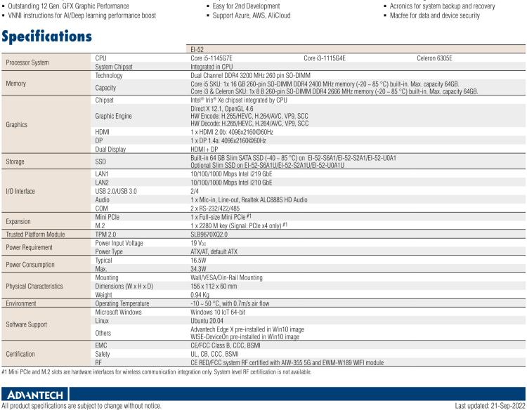 研華EI-52 研華EI-52，邊緣計算系統(tǒng)，支持 Intel 11th gen CPU，可選 Core i5 /i3 /Celeron 處理器，具備豐富擴展接口 2 x LAN，2 x COM，6 x USB等，內(nèi)部可以通過 miniPCIe 或 M.2 擴展AI加速卡實現(xiàn)工業(yè)AI機器視覺，搭載5G通訊模塊。