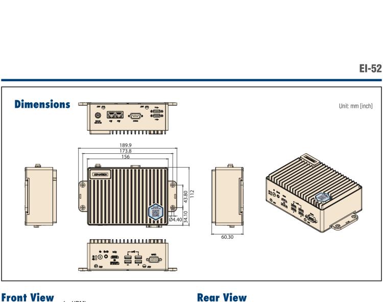 研華EI-52 研華EI-52，邊緣計算系統(tǒng)，支持 Intel 11th gen CPU，可選 Core i5 /i3 /Celeron 處理器，具備豐富擴展接口 2 x LAN，2 x COM，6 x USB等，內(nèi)部可以通過 miniPCIe 或 M.2 擴展AI加速卡實現(xiàn)工業(yè)AI機器視覺，搭載5G通訊模塊。