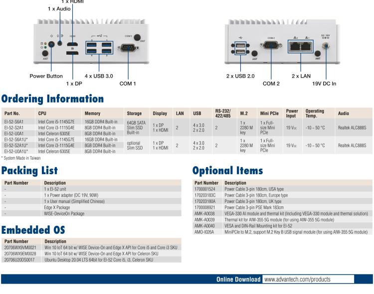 研華EI-52 研華EI-52，邊緣計算系統(tǒng)，支持 Intel 11th gen CPU，可選 Core i5 /i3 /Celeron 處理器，具備豐富擴展接口 2 x LAN，2 x COM，6 x USB等，內(nèi)部可以通過 miniPCIe 或 M.2 擴展AI加速卡實現(xiàn)工業(yè)AI機器視覺，搭載5G通訊模塊。