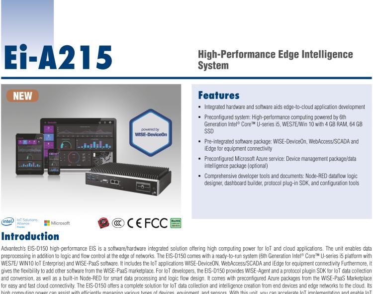 研華EI-A215 研華EI-A215，邊緣性計算系統(tǒng)，搭載Intel Core i5 6300U 處理器，4 GB內(nèi)存，64 GB 存儲，高性能邊緣智能設(shè)備，具備豐富擴展接口 2 x LAN，4 x COM，6 x USB等，同時還可以擴展 iDoor 或 ARK-Plus 模組增加更多的擴展接口，搭配 5G 模塊。