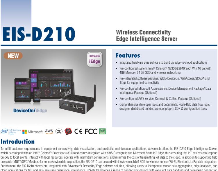 研華EIS-D210 研華EIS-D210，邊緣計(jì)算系統(tǒng)網(wǎng)關(guān)，Intel Celeron N3350 Dual Core SoC，最高支持 8 GB內(nèi)存，低功耗邊緣智能設(shè)備，具備豐富擴(kuò)展接口 2 x LAN，2 x COM，4 x USB，1 x VGA等，搭配 Wifi 或 4G 模塊，可以實(shí)現(xiàn)無(wú)線(xiàn)數(shù)據(jù)傳輸，體積非常小