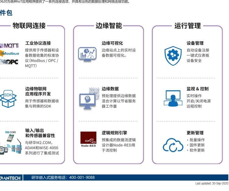 研華EIS-D620 研華EIS-D620，邊緣計(jì)算系統(tǒng)網(wǎng)關(guān)，基于Rockchip RK3399處理器，板載2GB內(nèi)存，16GB eMMC 存儲(chǔ)，低功耗邊緣智能設(shè)備，具備豐富擴(kuò)展接口 2 x LAN，1 x COM，1 x USB，2 x HDMI等，體積非常小巧，適用于邊緣設(shè)備控制及數(shù)據(jù)采集等應(yīng)用場景。