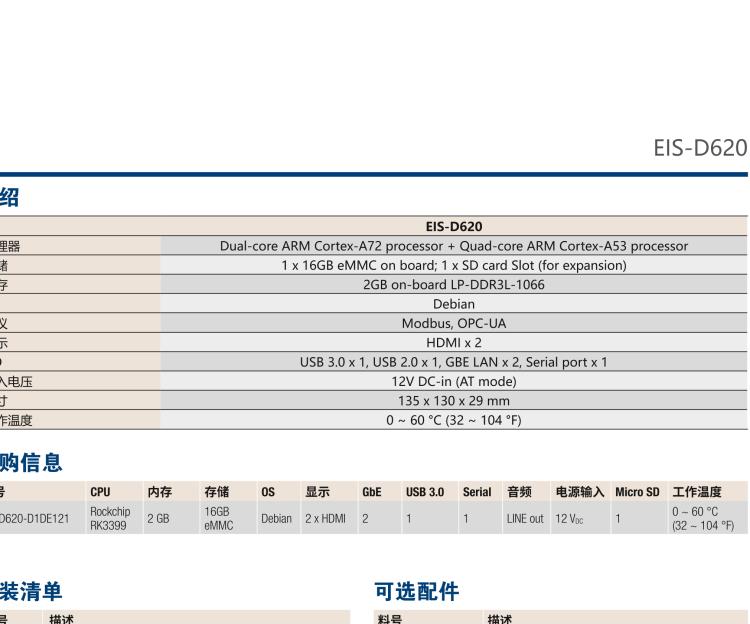 研華EIS-D620 研華EIS-D620，邊緣計(jì)算系統(tǒng)網(wǎng)關(guān)，基于Rockchip RK3399處理器，板載2GB內(nèi)存，16GB eMMC 存儲(chǔ)，低功耗邊緣智能設(shè)備，具備豐富擴(kuò)展接口 2 x LAN，1 x COM，1 x USB，2 x HDMI等，體積非常小巧，適用于邊緣設(shè)備控制及數(shù)據(jù)采集等應(yīng)用場景。