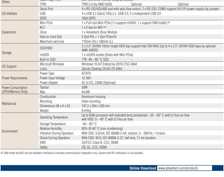 研華EIS-S232 研華 EIS-S232，邊緣計(jì)算系統(tǒng)服務(wù)器，支持Intel 第十代處理器，可選i3/i5/i7 Xeon CPU，DDR4 最高32GB，最多可支持4 x 2.5寸硬盤，具備豐富擴(kuò)展接口 2 x LAN，6 x COM，8 x USB，1 x PCIE，2 x PCI。產(chǎn)品生命周期長，穩(wěn)定可靠。
