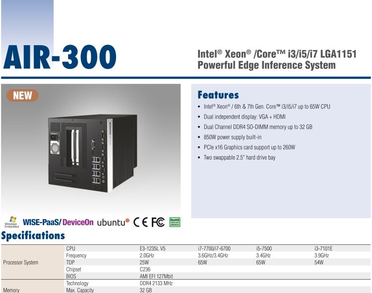 研華AIR-300 支持Intel Xeon / 6/7代Core?i3/i5/i7處理器，AI計(jì)算平臺(tái)，可擴(kuò)展 PCIe x16 GPU全尺寸卡