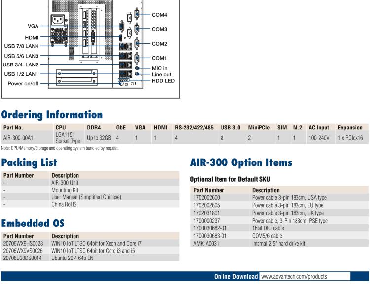 研華AIR-300 支持Intel Xeon / 6/7代Core?i3/i5/i7處理器，AI計(jì)算平臺(tái)，可擴(kuò)展 PCIe x16 GPU全尺寸卡