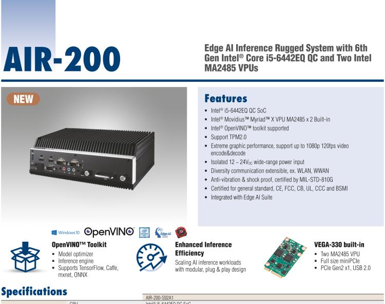 研華AIR-200 基于Intel Core i5-6442EQ處理器，AI計算平臺，內(nèi)置Myriad X VPU * 2