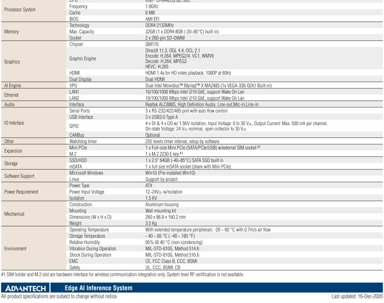 研華AIR-200 基于Intel Core i5-6442EQ處理器，AI計算平臺，內(nèi)置Myriad X VPU * 2