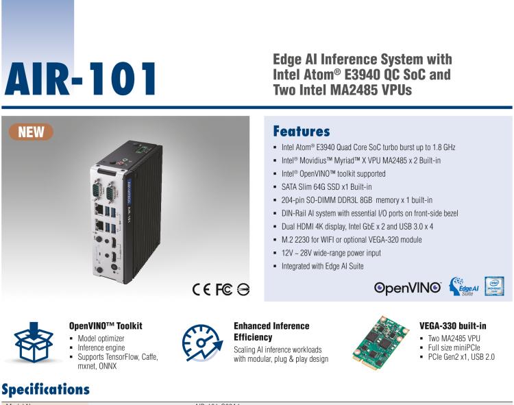 研華AIR-101 基于Intel Atom E3940處理器，AI計算平臺，內(nèi)置Myriad X VPU * 2