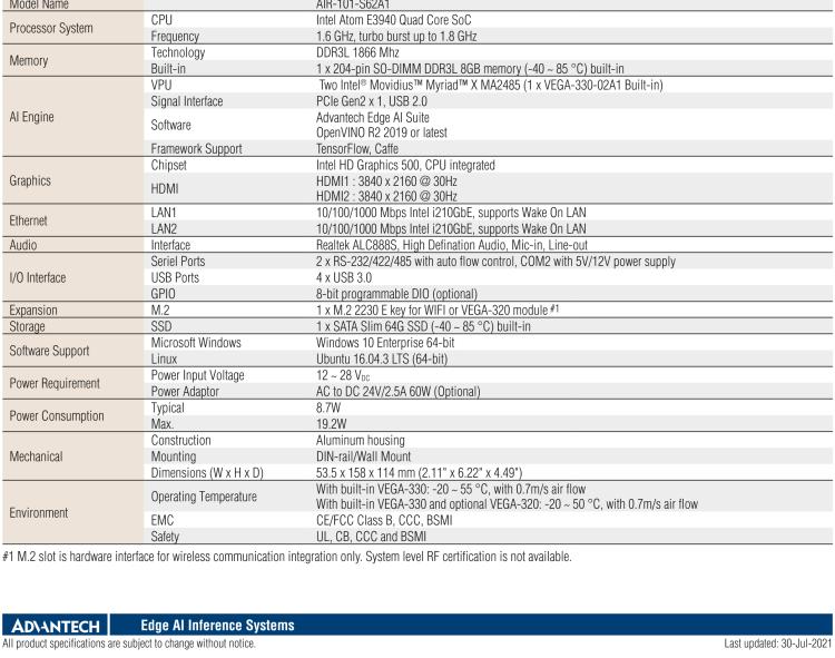 研華AIR-101 基于Intel Atom E3940處理器，AI計算平臺，內(nèi)置Myriad X VPU * 2