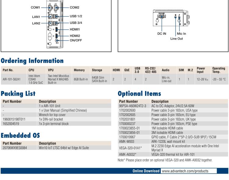 研華AIR-101 基于Intel Atom E3940處理器，AI計算平臺，內(nèi)置Myriad X VPU * 2