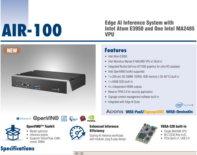 研華AIR-100 基于Intel Atom E3950處理器，AI計(jì)算平臺(tái)，內(nèi)置Myriad X VPU * 1