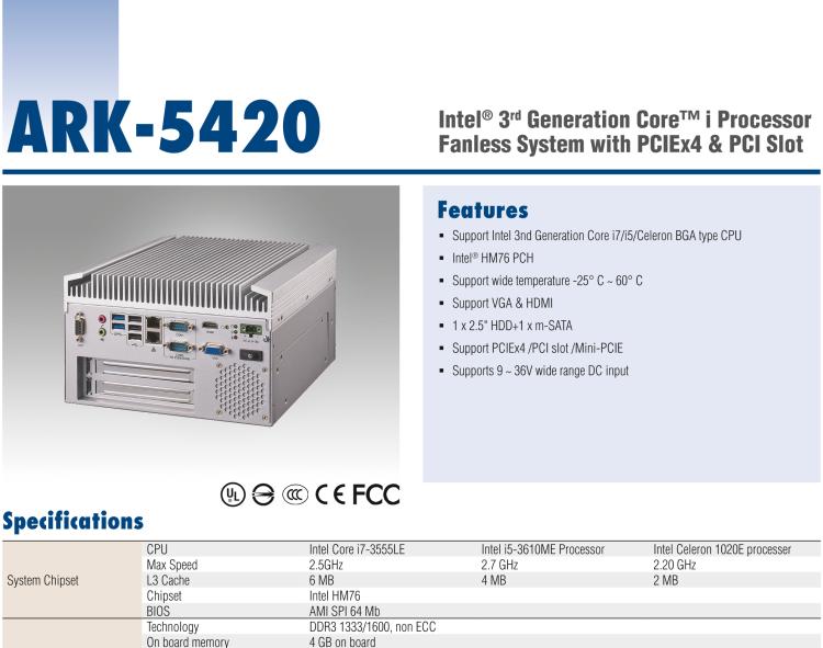 研華ARK-5420 Intel? 第三代 Core? i 處理器無風扇嵌入式工控機，支持 PCIEx4 & PCI