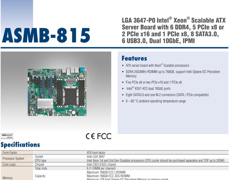 研華ASMB-815 單路LGA 3647-P0 Intel? Xeon? Scalable ATX 服務(wù)器主板，帶 6 個DDR4, 5 個PCIe x8 或者 2 個PCIe x16 和 1個 PCIe x8, 8 個SATA3, 6 個USB3.0, Dual 10GbE, IPMI