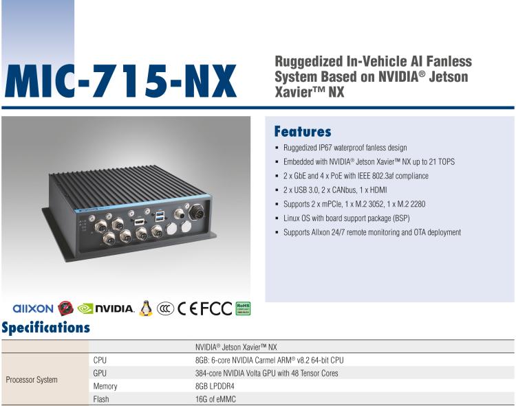 研華MIC-715 加固型AI 推理平臺，基于英偉達(dá)Jetson? Xavier NX，IP67防護(hù)等級