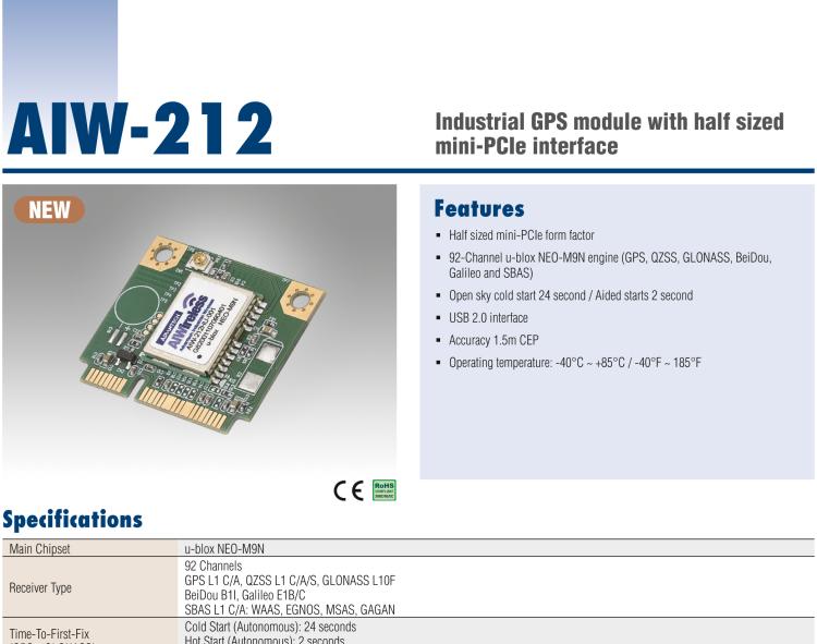 研華AIW-212 工業(yè)級 GNSS（GPS、GLONASS、BeiDou、Galileo、QZSS和SBAS）模塊，半尺寸 mini-PCIe 規(guī)格。