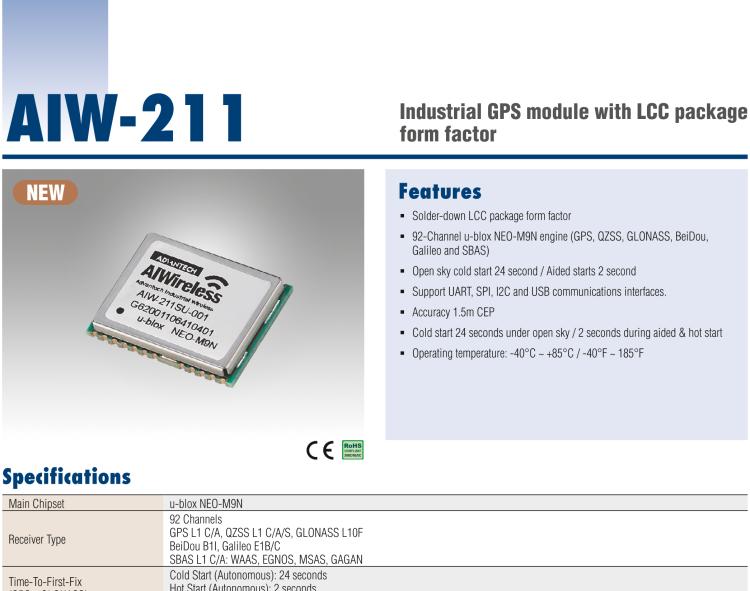 研華AIW-211 帶郵票型接口的工業(yè)級 GNSS（GPS、GLONASS、BeiDou、Galileo、QZSS和SBAS）模塊。