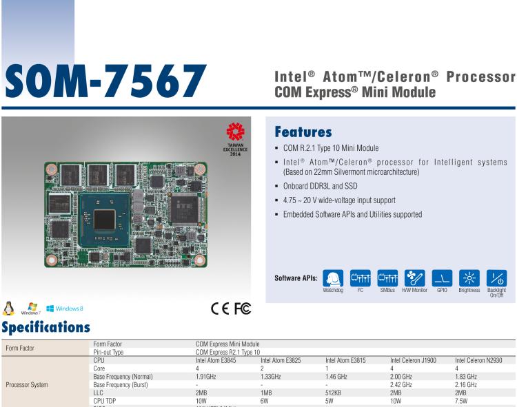 研華SOM-7567 Intel? Atom?/Celeron? 處理器，COM-Express Mini 模塊