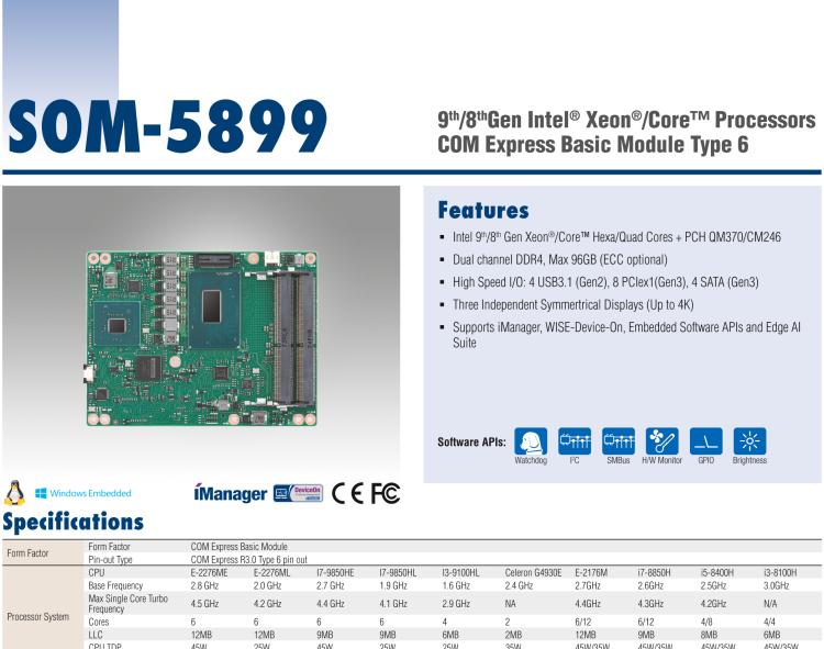 研華SOM-5899 第八代Intel Xeon/Core 處理器， COM Express Basic Type 6 模塊