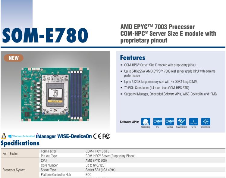 研華SOM-E780 AMD EPYC? 7003 COM-HPC? Server Size E 模塊，具有專有引腳