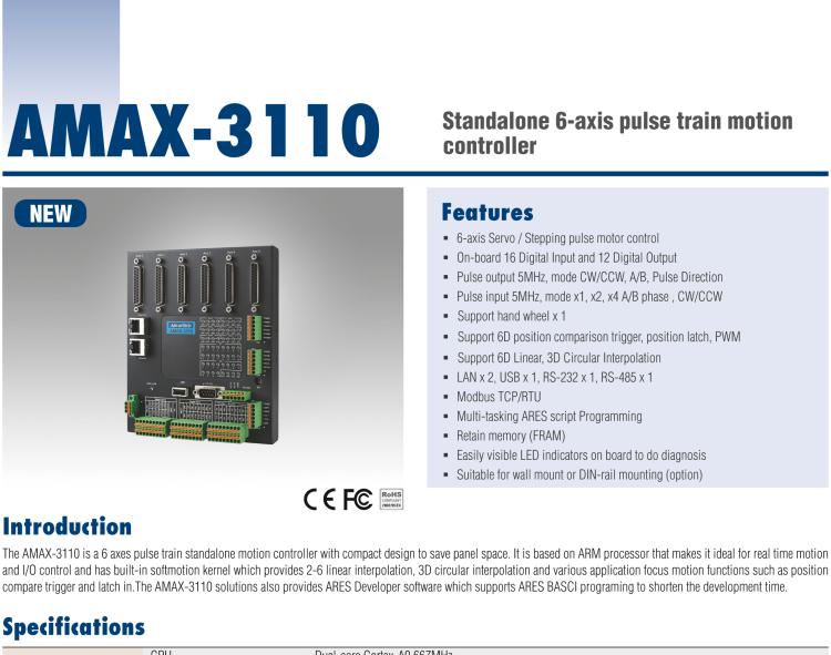 研華AMAX-3110 AMAX-3110是一個(gè)6軸脈沖序列獨(dú)立式運(yùn)動(dòng)控制器，一體化精巧的設(shè)計(jì)，節(jié)省空間