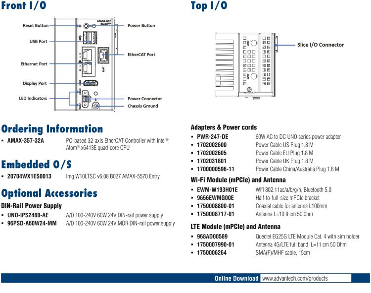 研華AMAX-357 超微型EtherCAT運動控制器，基于PC架構(gòu)開發(fā)，配置了Intel Atom處理器，具有64GB eMMC、2 x LAN、2 x USB和Slice IO擴展