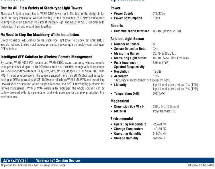 研華WISE-S100 智能堆棧光監(jiān)測(cè)傳感器,易于安裝，適用于多種類(lèi)型堆棧式燈塔