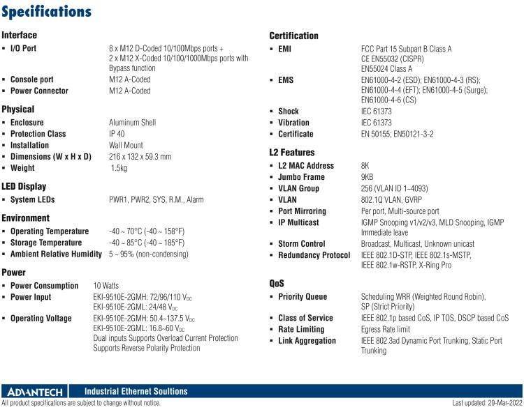 研華EKI-9510E-2GML 10個百兆M12端口網(wǎng)管型EN50155交換機， 支持24/48 VDC供電