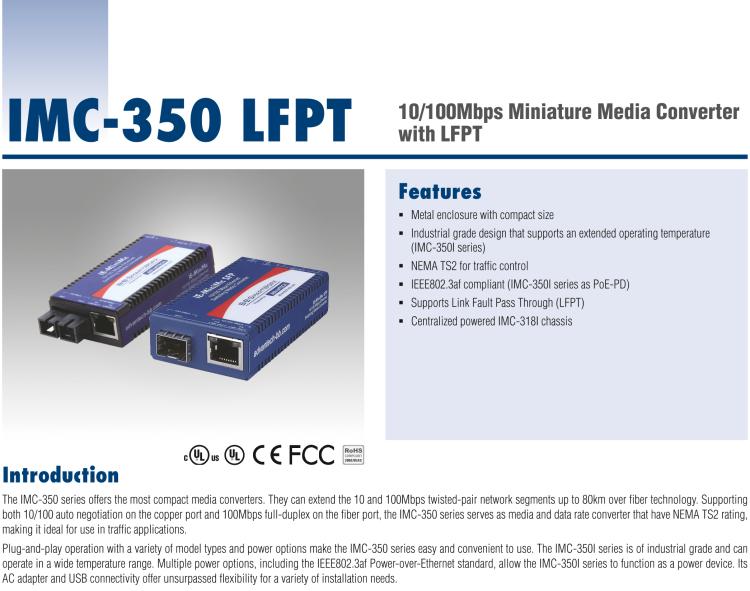 研華IMC-350-SFP-PS-A 緊湊型光電轉(zhuǎn)換器，100Base-TX/FX，SFP，AC適配器（也被稱為BB-855-10619）