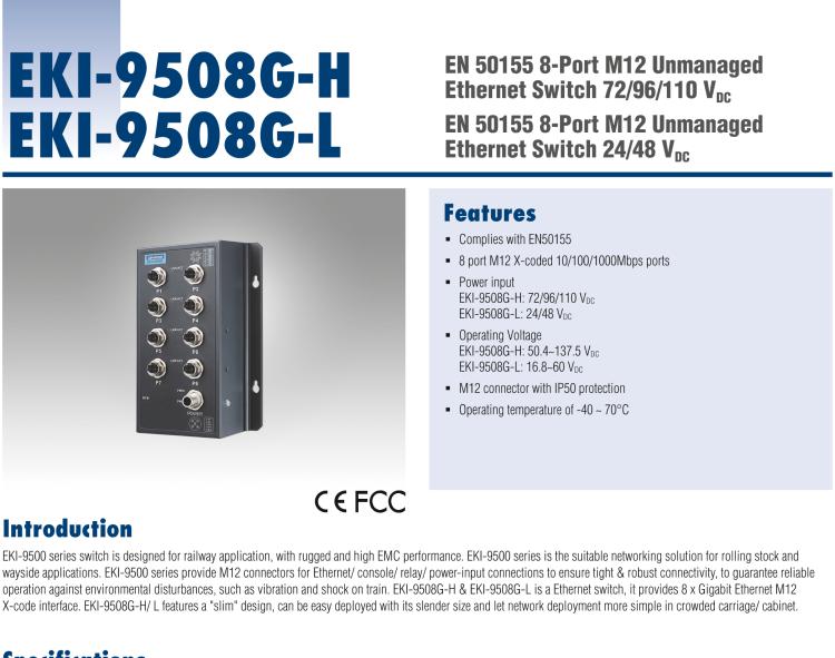 研華EKI-9508G-H 8個千兆M12端口非網(wǎng)管EN50155交換機， 支持72/96/110 VDC供電