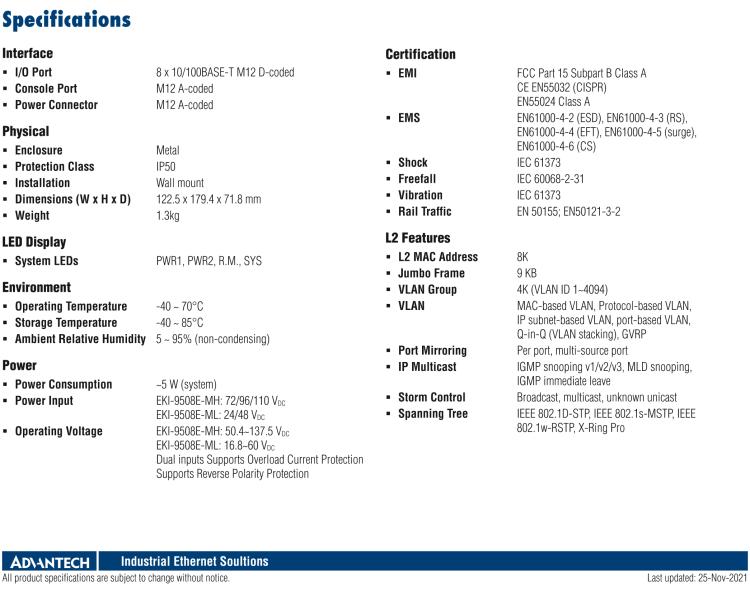研華EKI-9508E-ML 8個百兆M12端口非網(wǎng)管EN50155交換機(jī)， 支持24/48 VDC電