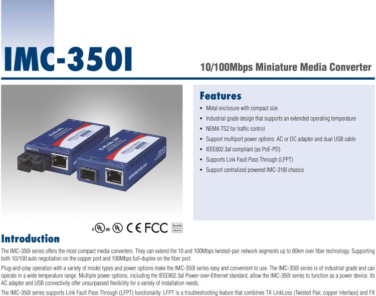 研華IMC-350I-MM-A 緊湊型光電轉(zhuǎn)換器，支持寬溫，100Base-TX/FX，多模1300nm，LFPT，5km，SC type