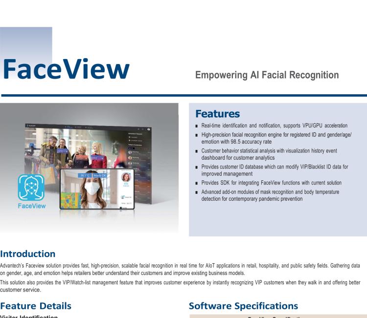 研華FaceView 研華 DeviceOn.FaceView是基于研華 IoT 設(shè)備的人臉識別軟件，支持性別、年齡、情感的數(shù)據(jù)收集，支持VPU/GPU加速。FaceView軟件在最新版本中正確識別率提升到了99.7%，可以支持遮擋檢測，也就是是否正確佩戴口罩，再搭配專業(yè)測溫攝像頭情況下，可以實現(xiàn)測量體溫。
