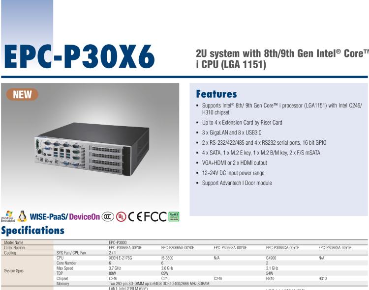 研華EPC-P3086 適配Intel? 第8/9代 Core i 系列處理器，搭載H310芯片組。2U高度，支持全長(zhǎng)PCIe x16擴(kuò)展卡。接口豐富，性能強(qiáng)勁。