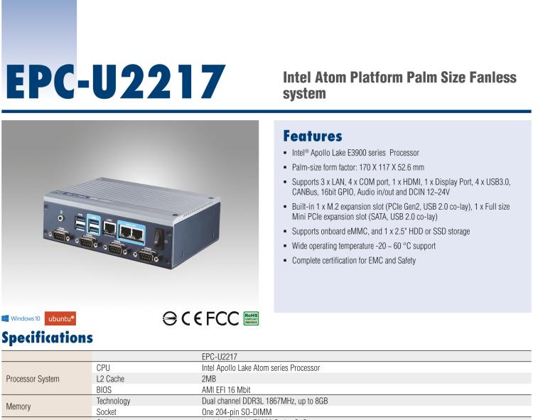 研華EPC-U2217 Intel Atom第六代Apollo Lake無風扇嵌入式工控機，3LAN，板載eMMC，CANBUS