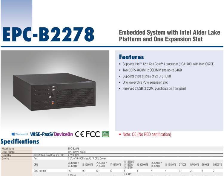 研華EPC-B2278 適配Intel 第12代 Core i 系列處理器，搭載Q670E芯片組。2U高度，精簡尺寸，性能強勁，是小尺寸高性能場景的理想解決方案。
