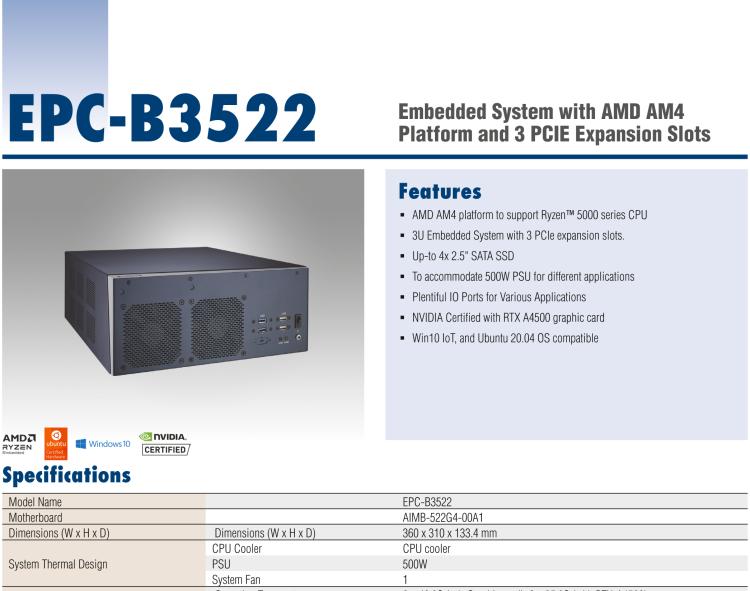 研華EPC-B3522 適配AMD Ryzen AM4 5000系列處理器，搭載X570芯片組，搭配NVIDIA? RTX-A4500顯卡。3U高度，提供高端圖像處理應用的解決方案。