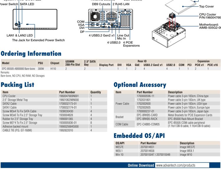 研華EPC-B5505 適配Intel? 第6/7代 Core ? i/Xeon E3系列處理器，搭載H110芯片組。標(biāo)準(zhǔn)4U上架，廣泛適用于各種行業(yè)。