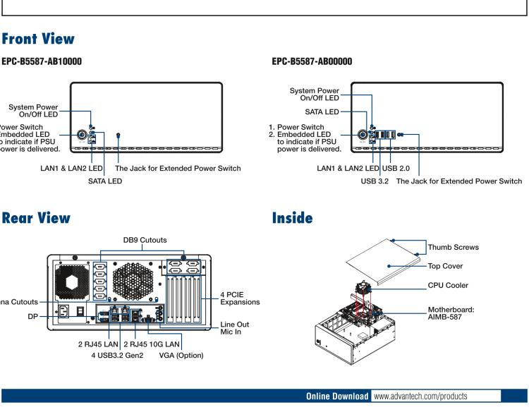 研華EPC-B5587 適配Intel? 第10代 Core i / Xeon W系列處理器，搭載W480E芯片組。標(biāo)準(zhǔn)4U上架，工業(yè)級(jí)品質(zhì)，穩(wěn)定可靠。廣泛適用于高端AI服務(wù)器等應(yīng)用。