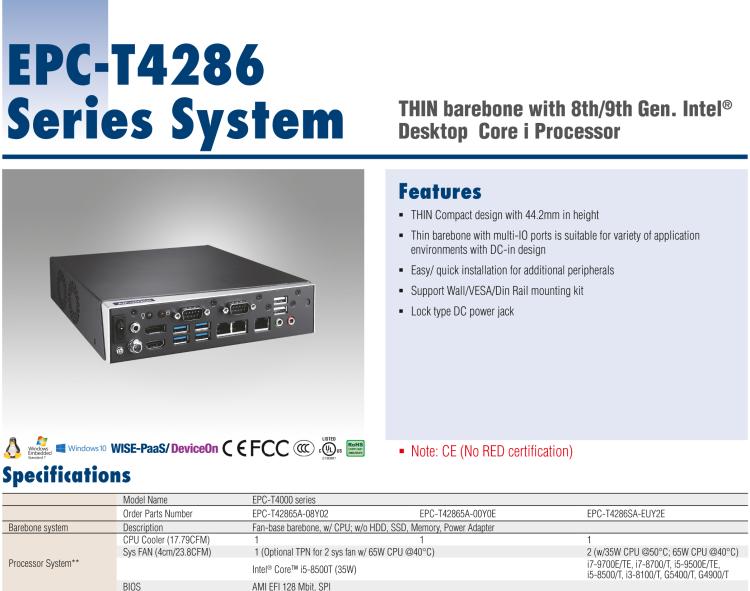 研華EPC-T4286 適配Intel? 第8/9代 Core? i 系列處理器，搭載H310芯片組。1U超薄高度，性能強(qiáng)勁。
