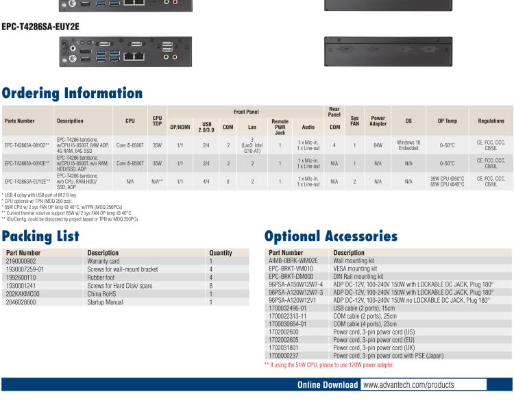 研華EPC-T4286 適配Intel? 第8/9代 Core? i 系列處理器，搭載H310芯片組。1U超薄高度，性能強(qiáng)勁。