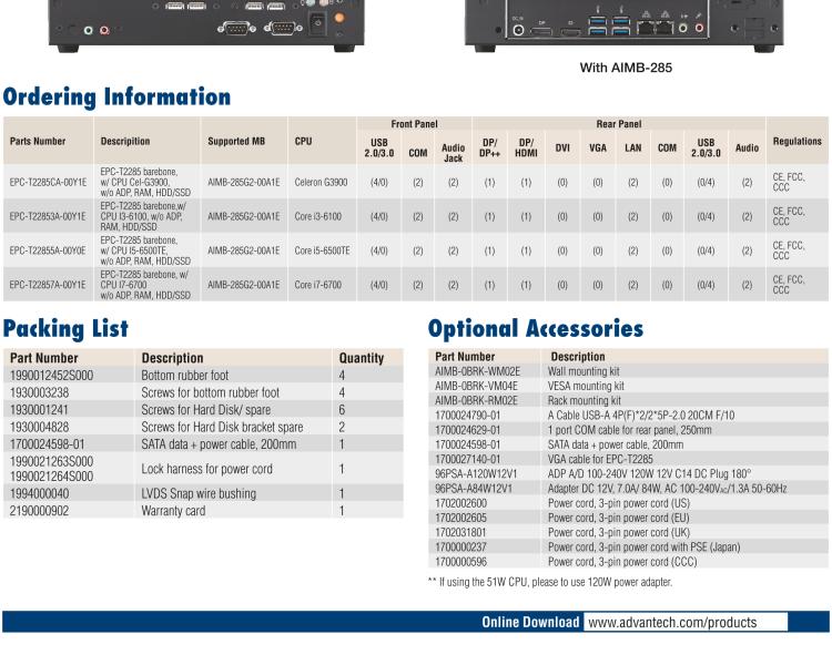 研華EPC-T2285 適配Intel? 第6/7代 Core? i 系列處理器，搭載H110芯片組。1U超薄高度，性能強勁。