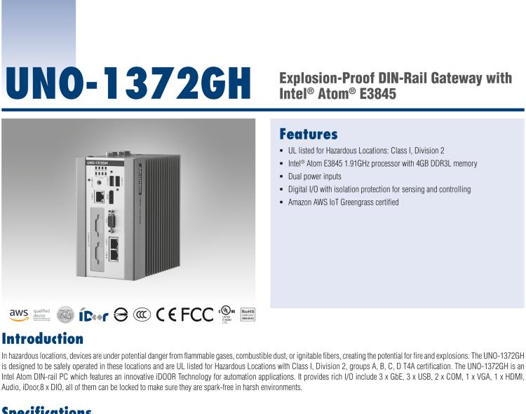 研華UNO-1372GH 通過Class I，Division 2認(rèn)證的導(dǎo)軌安裝工業(yè)控制器，搭配英特爾?凌動?四核處理器