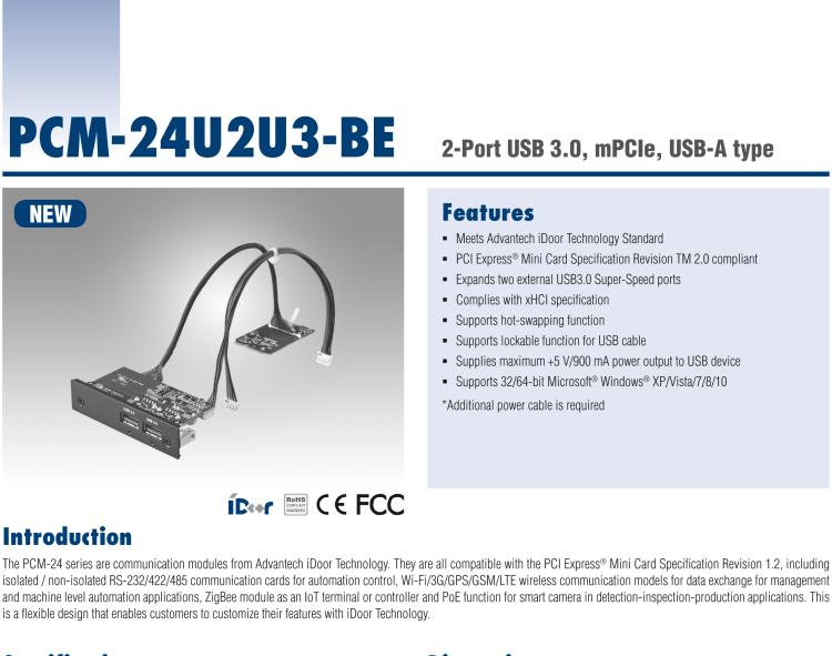 研華PCM-24U2U3 2端口USB 3.0，mPCIe，USB-A型
