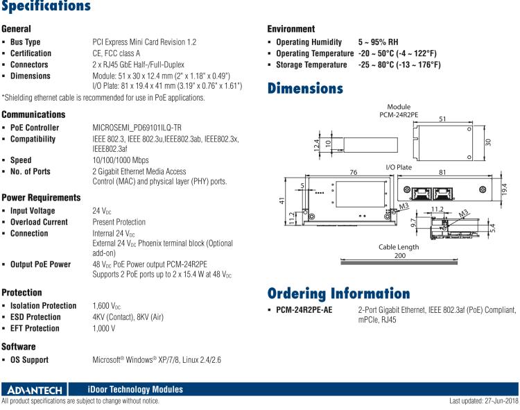 研華PCM-24R2PE 2端口千兆以太網(wǎng)，兼容IEEE 802.3af（PoE），mPCIe，RJ45