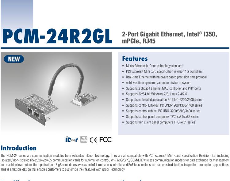 研華PCM-24R2GL 2端口千兆以太網(wǎng)，mPCIe，RJ45