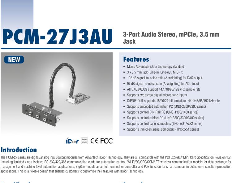 研華PCM-27J3AU 3端口立體聲音頻，mPCIe，3.5毫米插孔