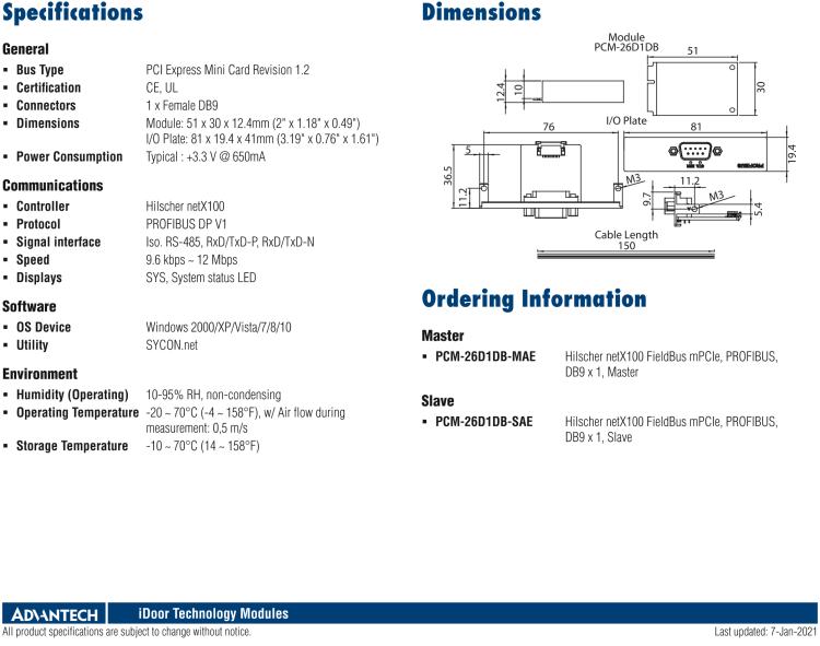 研華PCM-26D1DB 1端口 Hilscher netX100 現(xiàn)場(chǎng)總線 mPCIe，PROFIBUS，DB9